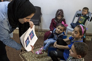 Children take part in formative research conducted by Sesame Workshop and International Rescue Committee at a womens center in Mafraq, Jordan, in May 2017.