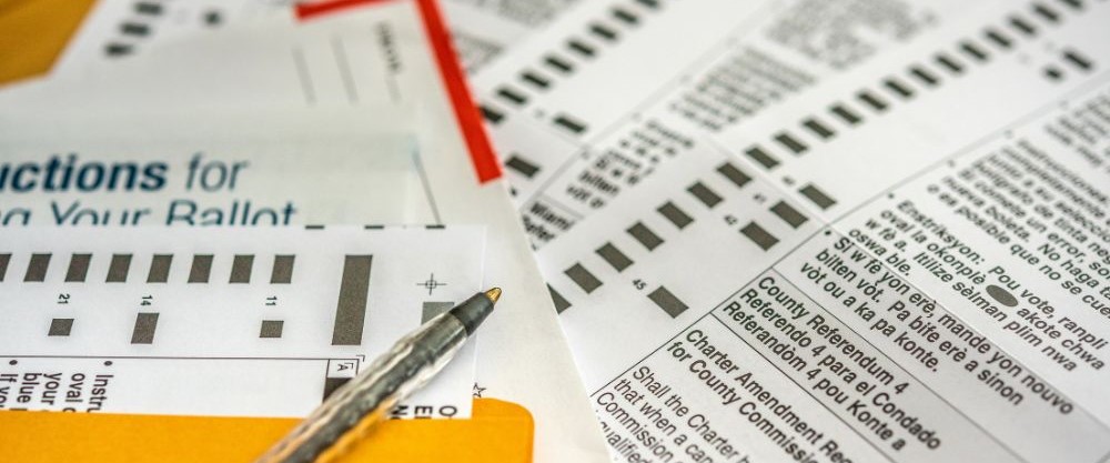 Up close photo of an election ballot and pen