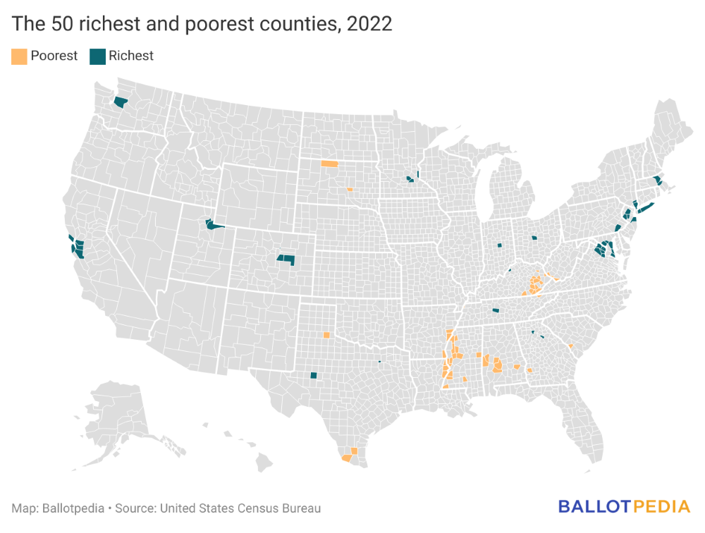 Map depicting the 50 richest and poorest counties in the U.S.