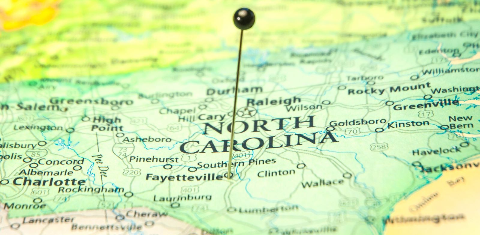 Map of North Carolina with a pushpin marking the location