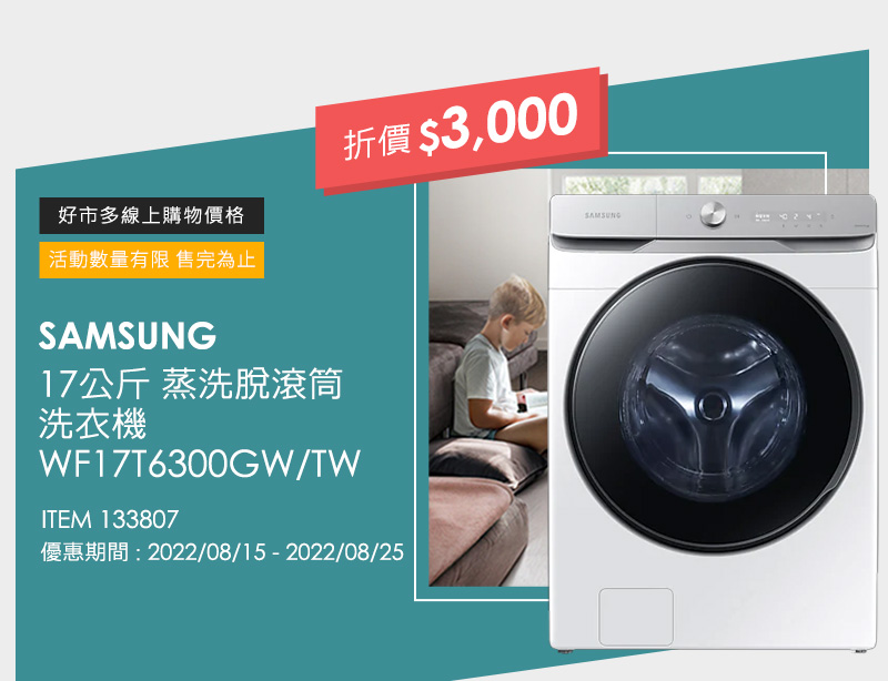 SAMSUNG 17公斤 蒸洗脫滾筒洗衣機 WF17T6300GW/TW