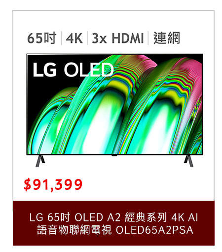 LG 65吋 OLED A2 經典系列 4K AI 語音物聯網電視 OLED65A2PSA