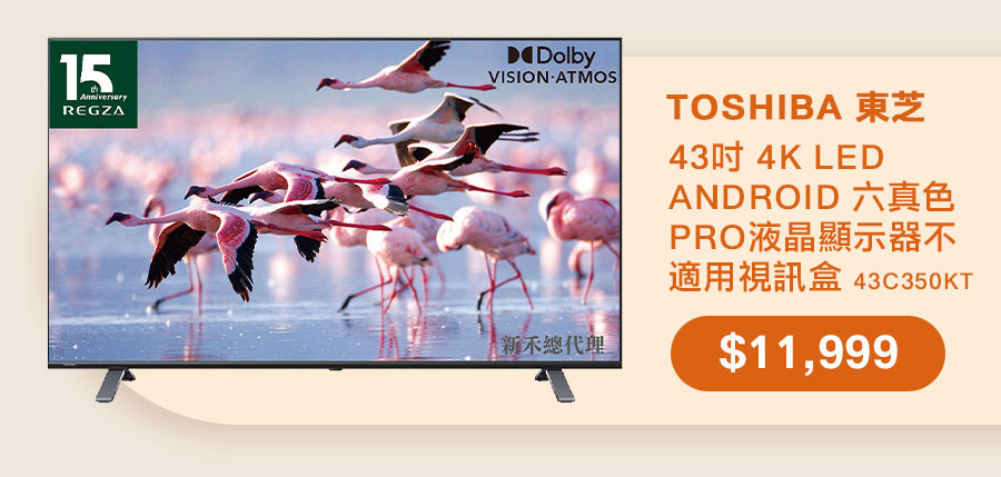 東芝 43吋 4K LED ANDROID 六真色PRO液晶顯示器不適用視訊盒 43C350KT